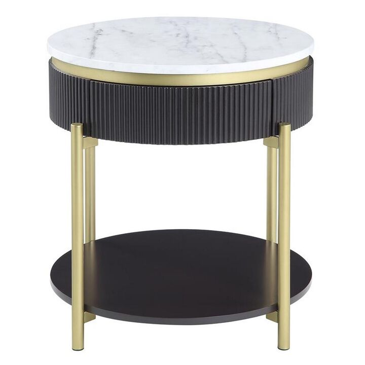 Ville 23 Inch Round Side End Table, White Faux Marble Top Brown Reeded Edge - Benzara