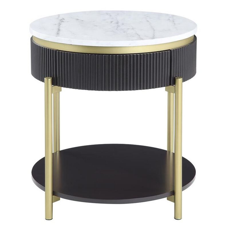 Ville 23 Inch Round Side End Table, White Faux Marble Top Brown Reeded Edge - Benzara