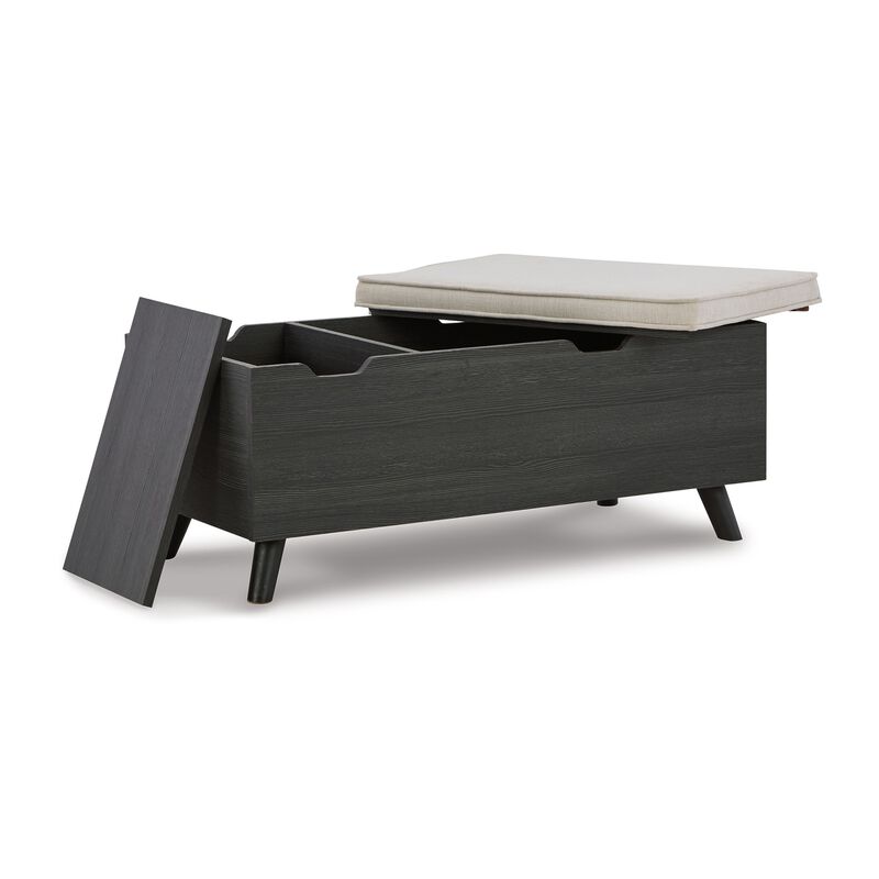 Yasmin Storage Bench, Black Gray Wood, Beige Polyester, Foam, 39 Inch - Benzara