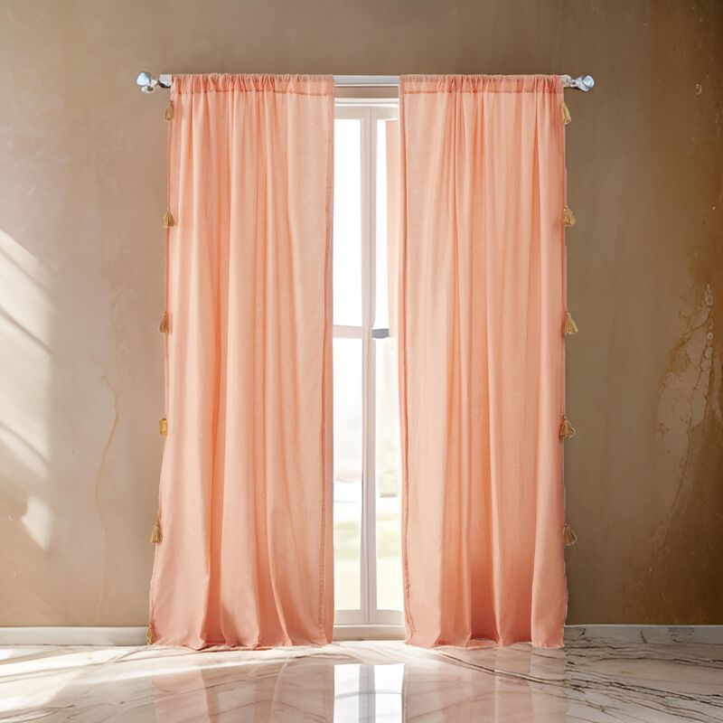 Xumi 4 Piece Window Curtain, 2 Panels with Tie Backs, Coral Pink Finish - Benzara
