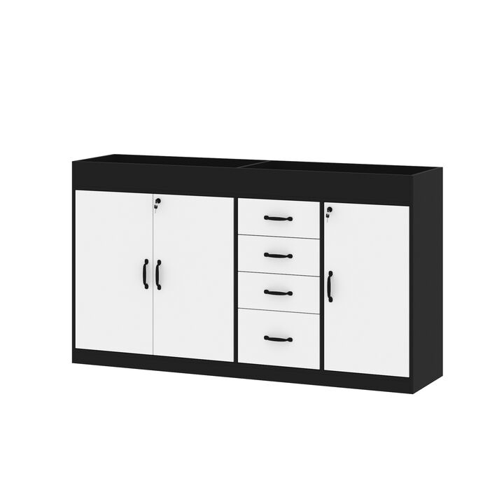 FUFU&GAGA Black and White Bookshelf with 4 Drawers and 3 Doors, Particle Board Construction with Laminate Finish (47.2" W x 31.5" H x 15.7" D), White