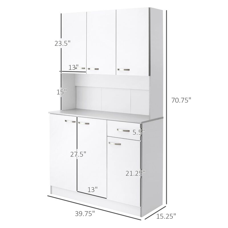 Expansive Kitchen Storage: 71" White Buffet with Hutch, 6 Doors & Drawer