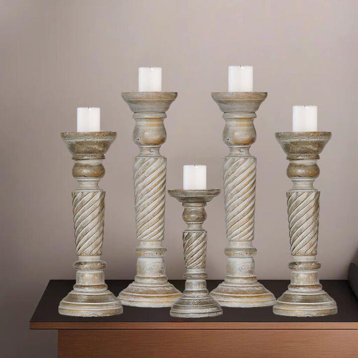Traditional Gray Wash Eco-friendly Handmade Mango Wood Set Of Five 15",12",9",12" & 15" Pillar Candle Holder BBH