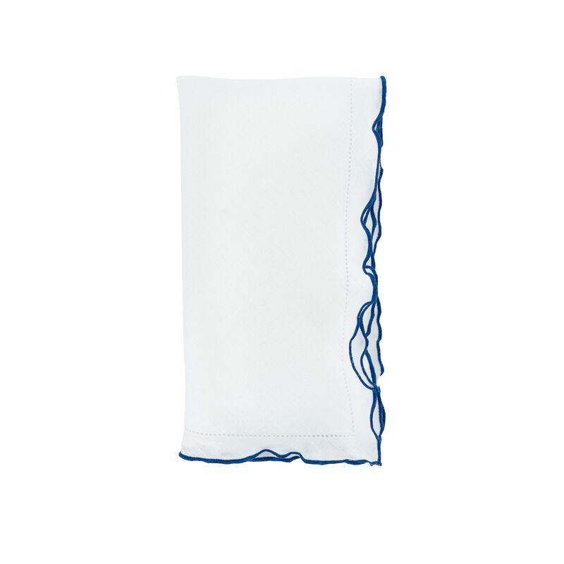 Linen Napkins With Navy Ruffled Hemstitch Edges, Set of 4