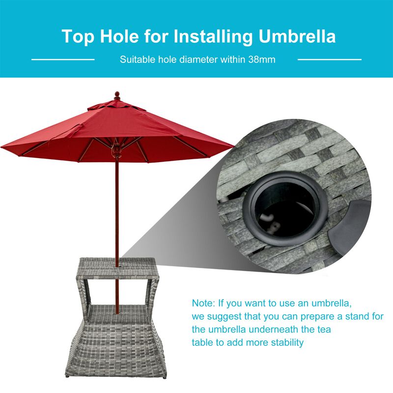 Gray Garden Side Table: 2-Tier Rattan Bistro Table with Umbrella Hole