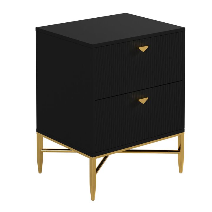 Black 2-Drawer Water Ripple Finish Designs Wood Nightstand with Square Support Legs