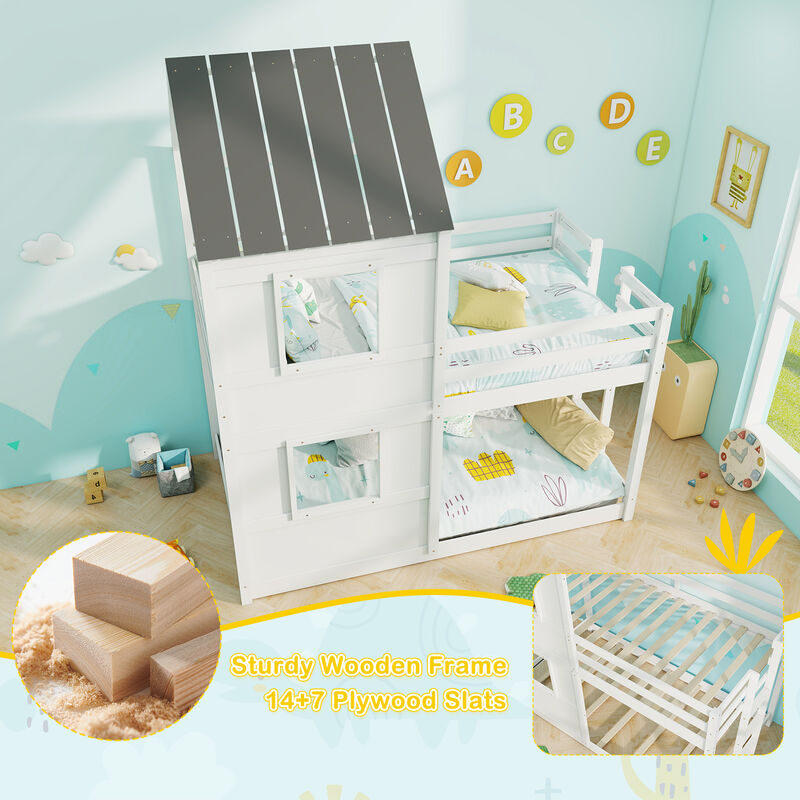 Wooden Bunk Bed with Full-length Safety Guardrail and Ladder