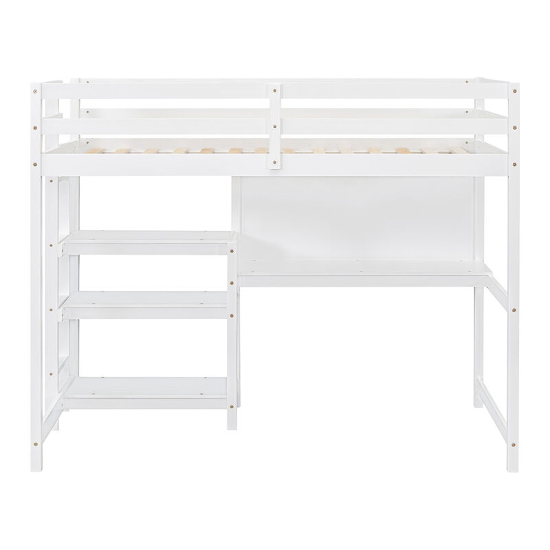 Twin Size Wooden Loft Bed With Shelves, Desk And Writing Board