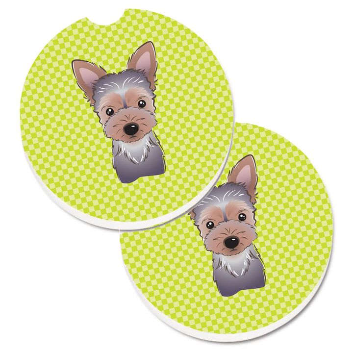 Caroline's Treasures Checkerboard Lime green Yorkie Puppy Set of 2 Cup Holder Car Coasters BB1294CARC, 2.56, Multicolor