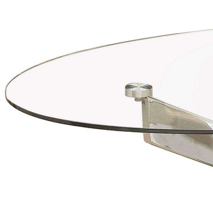 Oval Shape Glass Top Coffee Table with Criss Cross Base, Silver and Clear-Benzara