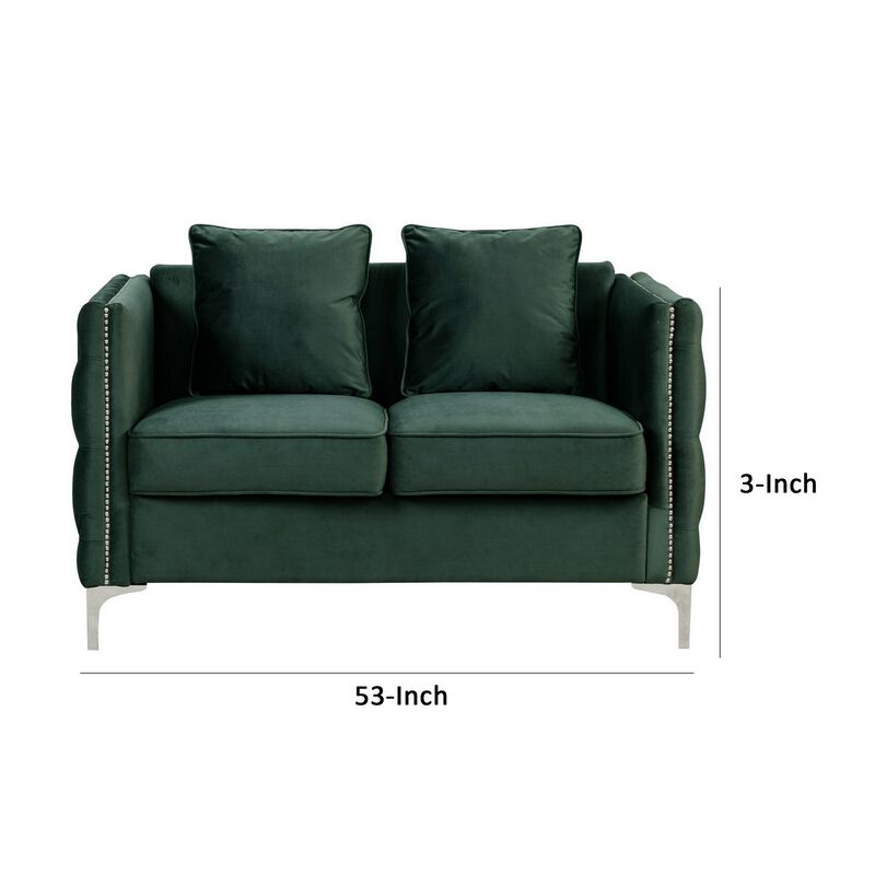 Zion 53 Inch Accent Loveseat, Nailhead Trim, Button Tufted, Green Velvet-Benzara