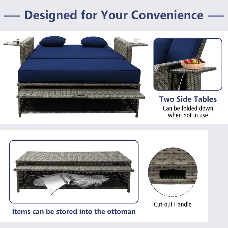 Wicker Loveseat Sofa with Multipurpose Ottoman and Retractable Side Tray
