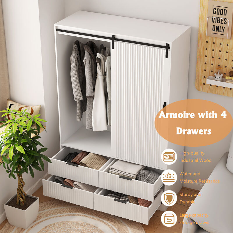 Modern 4-Drawer 4-Shelf Sliding Barn Door Wardrobe Armoire