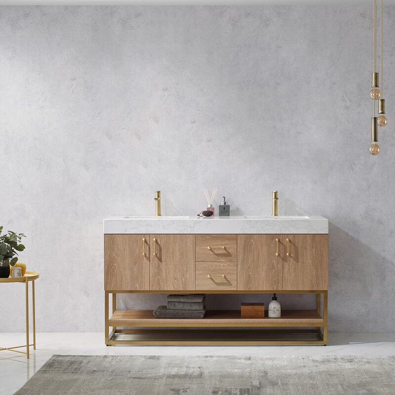 Vinnova Design 60 Double Vanity with White Grain Stone Countertop Without Mirror