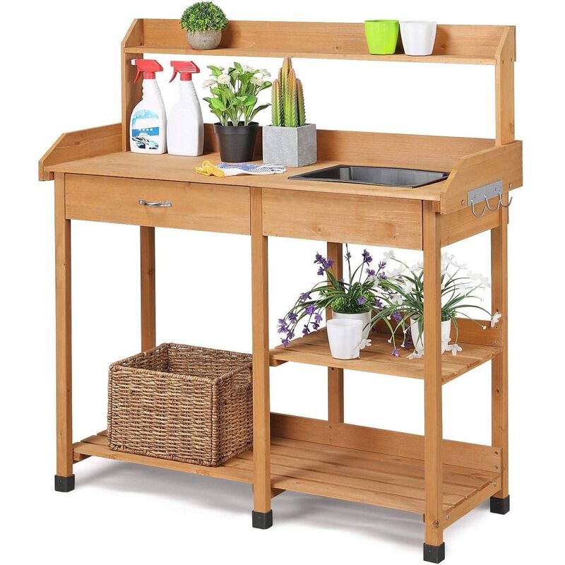 QuikFurn Outdoor Garden Wood Potting Bench Work Table with Sink in Light Wood Finish