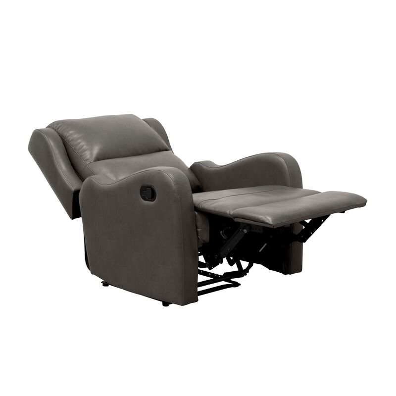 Kim 38 Inch Manual Recliner Chair, Cushioned Gray Faux Leather, Solid Wood - Benzara