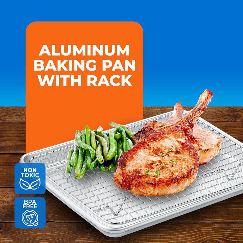 Baking Pan Set - 13" x 18" Aluminum Baking Pan with Stainless Steel Cooling Rack Set, PFOA, PFOS, PTFE Free, Recipe Booklet Included, Oven Safe Tray, Resist Heat Up To 500° F, Set of 2