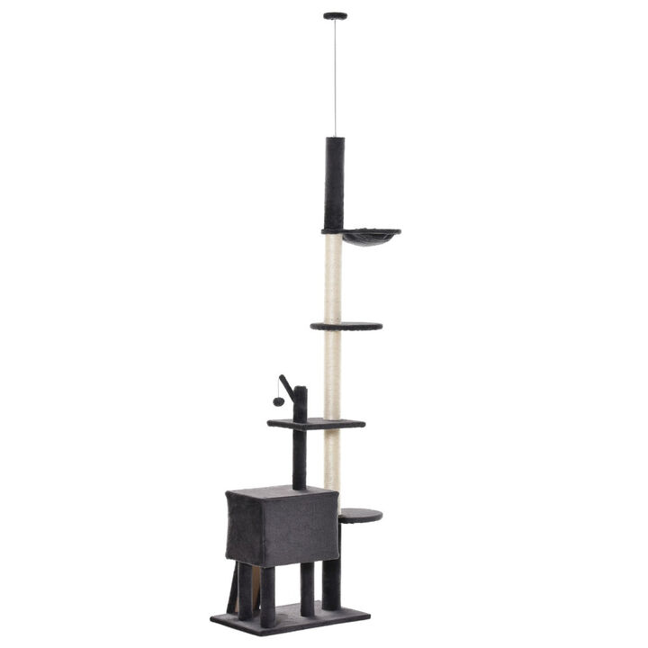 Dark Grey Cat Paradise: 110" Floor-to-Ceiling Climbing Toy with Hammock