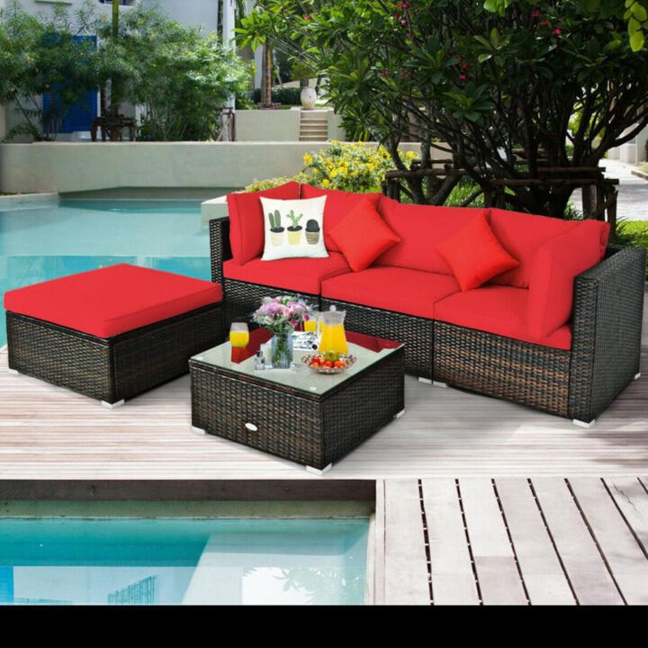 Hivvago 5 Pcs Outdoor Patio Rattan Furniture Set Sectional Conversation with Navy Cushions