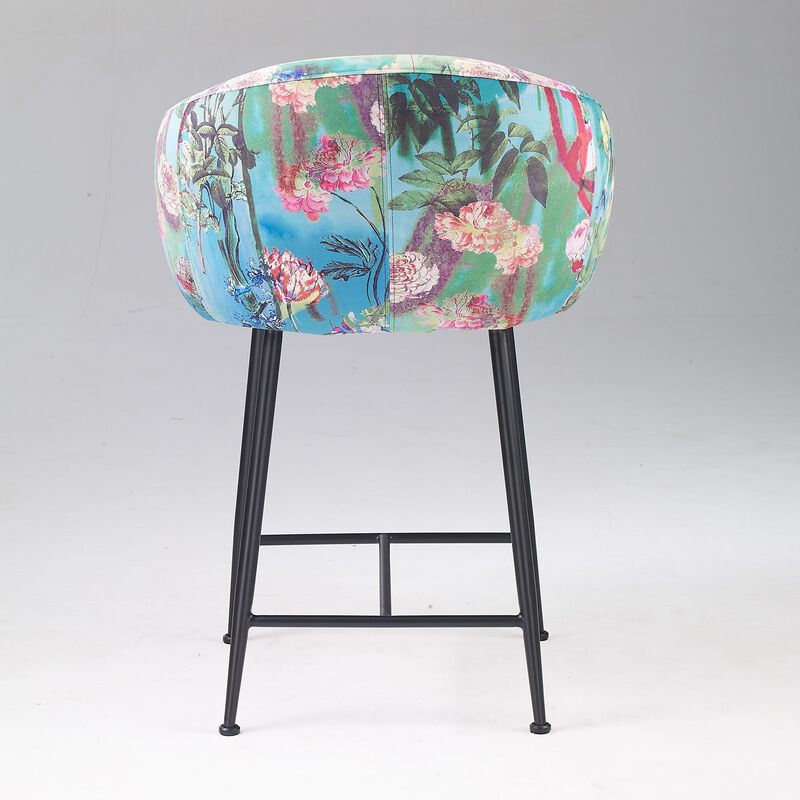 26 Inch Counter Stool Chair, Botanical Floral Print Blue Velvet, Black Legs - Benzara