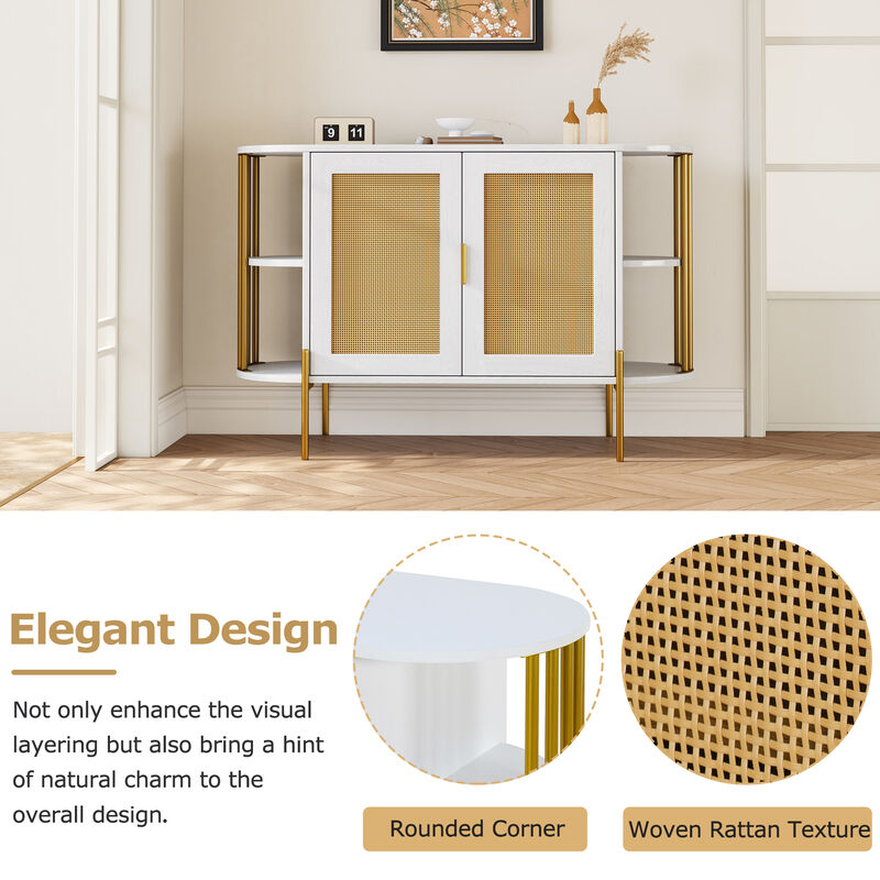 Clihome 2-Door Elegant Curved Dining Cabinet with Gold Trim and Woven Rattan Doors for Dining Room (White)