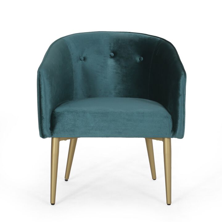 Accent Dining Chair, Gold Iron Legs, Curved, Tufted Aqua Green Velvet - Benzara