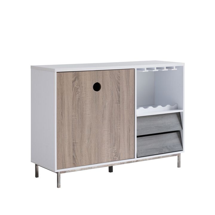 Wine Cabinet, 2 Drawers, Stemware and Bottle Rack, White Brown Gray - Benzara