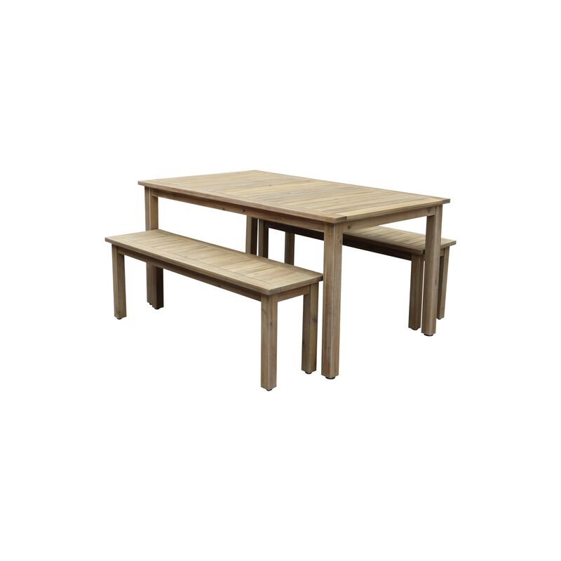 Felix 3 Piece Modern Dining Set, Natural Brown Acacia Wood Frame, 6 Seater-Benzara