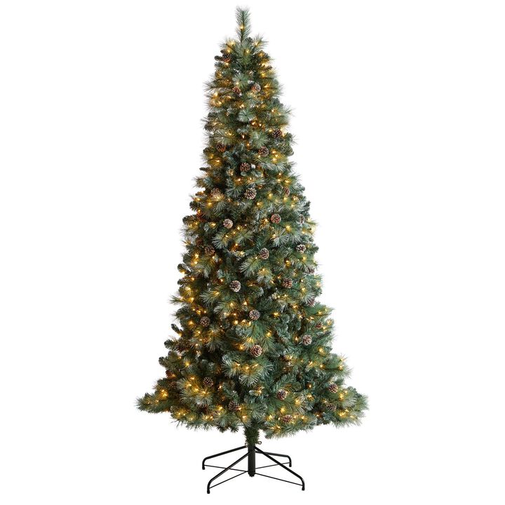Nearly Natural Frosted Tip British Columbia Mountain Pine Artificial Christmas Tree with Clear Lights, Pine Cones and Bendable Branches