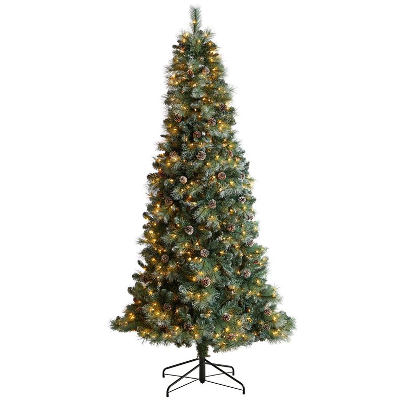 Nearly Natural Frosted Tip British Columbia Mountain Pine Artificial Christmas Tree with Clear Lights, Pine Cones and Bendable Branches