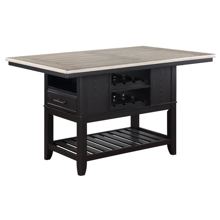 Kara 60 Inch Counter Height Dining Table, Lower Shelves, Wood, Black, Beige - Benzara