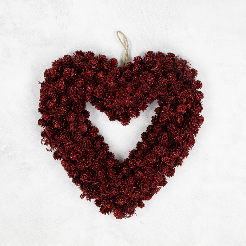 Pine Cone Rose Valentine's Day Wooden Heart Wreath - 14" - Red