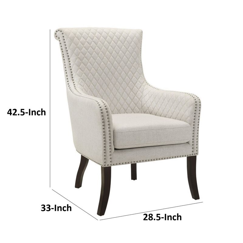 33 Inch Accent Armchair, Diamond Stitched Design, Beige Textured Polyester - Benzara