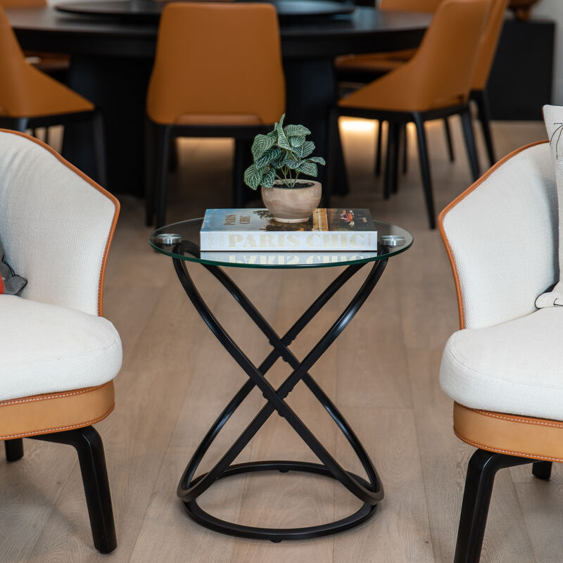 Galaxy Tempered Glass Round End Table with Cross Base Metal Frame