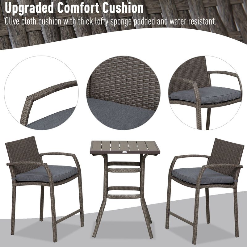 Grey Outdoor Bar: 3PC Rattan Wicker Set with Wood Grain Table Top