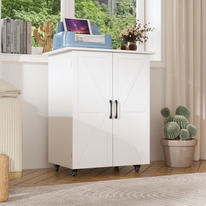 FUFU&GAGA Modern White Storage Cabinet – X-Design Doors, 8 Plastic Bins, Lockable Casters, Durable MDF (27.3" W x 19" D x 31.3" H), White