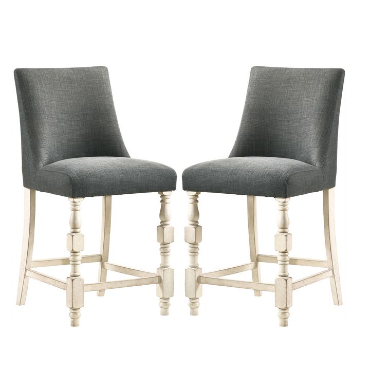 Swan 26 Inch Counter Height Chair, Set of 2, Gray Seat, Ivory Turned Legs-Benzara
