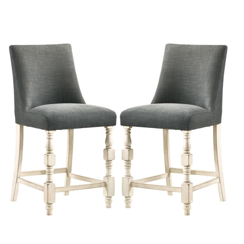 Swan 26 Inch Counter Height Chair, Set of 2, Gray Seat, Ivory Turned Legs-Benzara