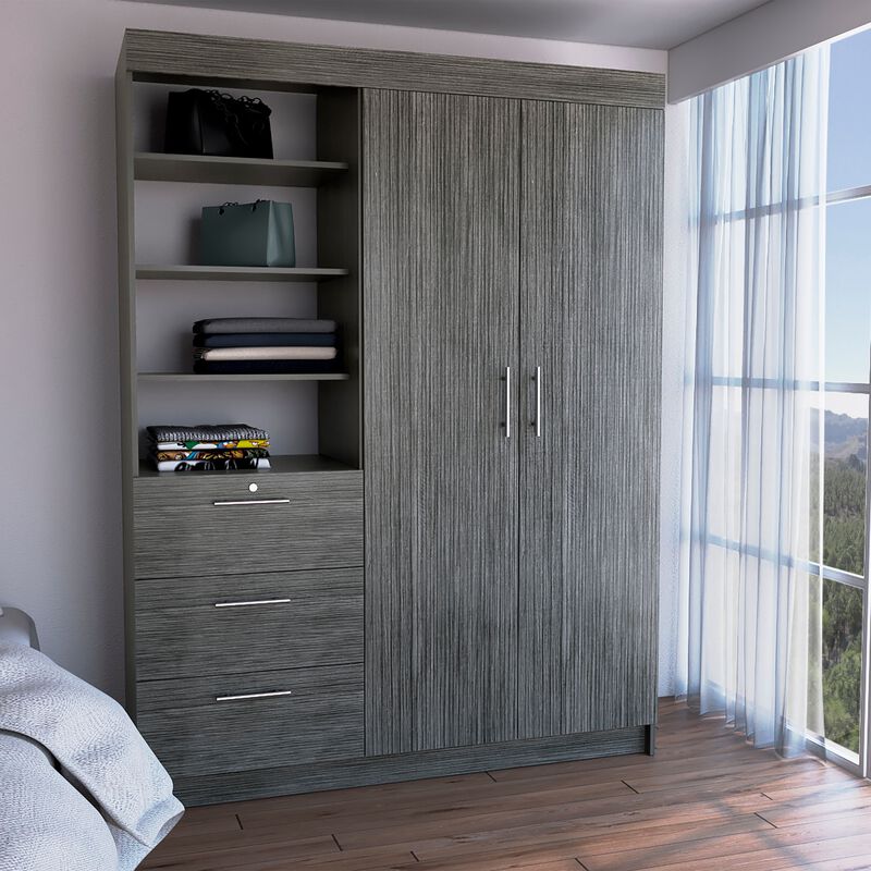Kenya 3 Drawers Armoire, Double Door, 3-Tier Shelf -Smokey Oak