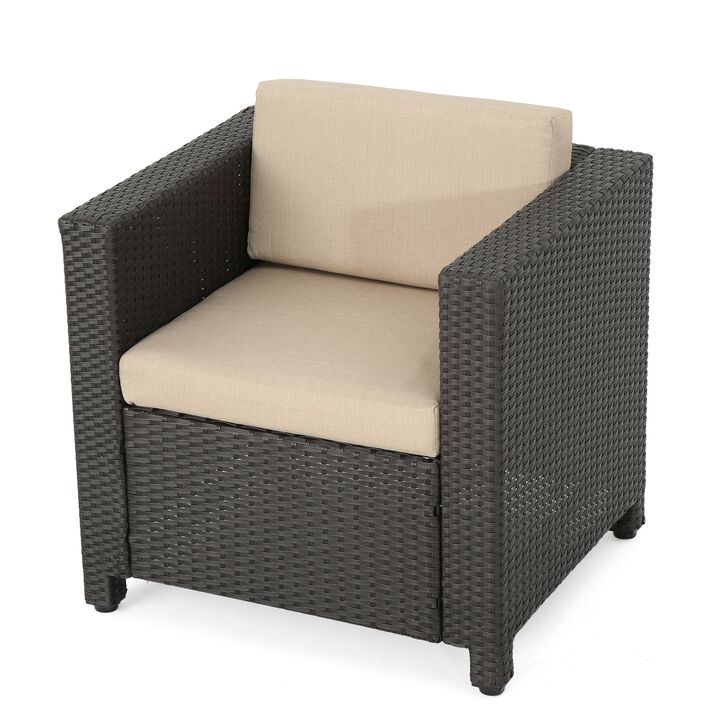 Elza Outdoor Accent Chair, Iron, Brown Faux Rattan Wicker, Beige - Benzara