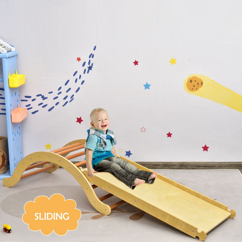 3-in-1 Kids Climber Set Wooden Arch Triangle Rocker with Ramp and Mat