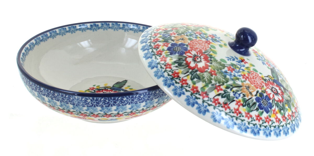 Blue Rose Polish Pottery Bluebird Covered Bowl