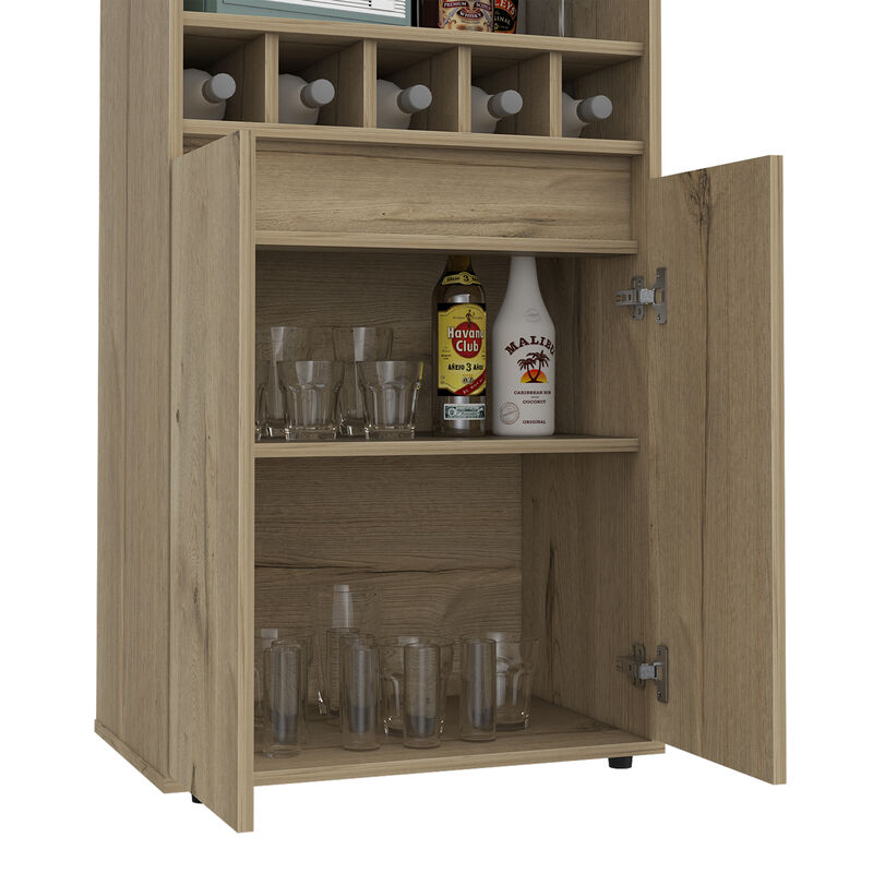 DEPOT E-SHOP Dallas Bar Double Door Cabinet, Five Built-in Wine Rack, Two Shelves, Two Interior Shelves, Light Oak