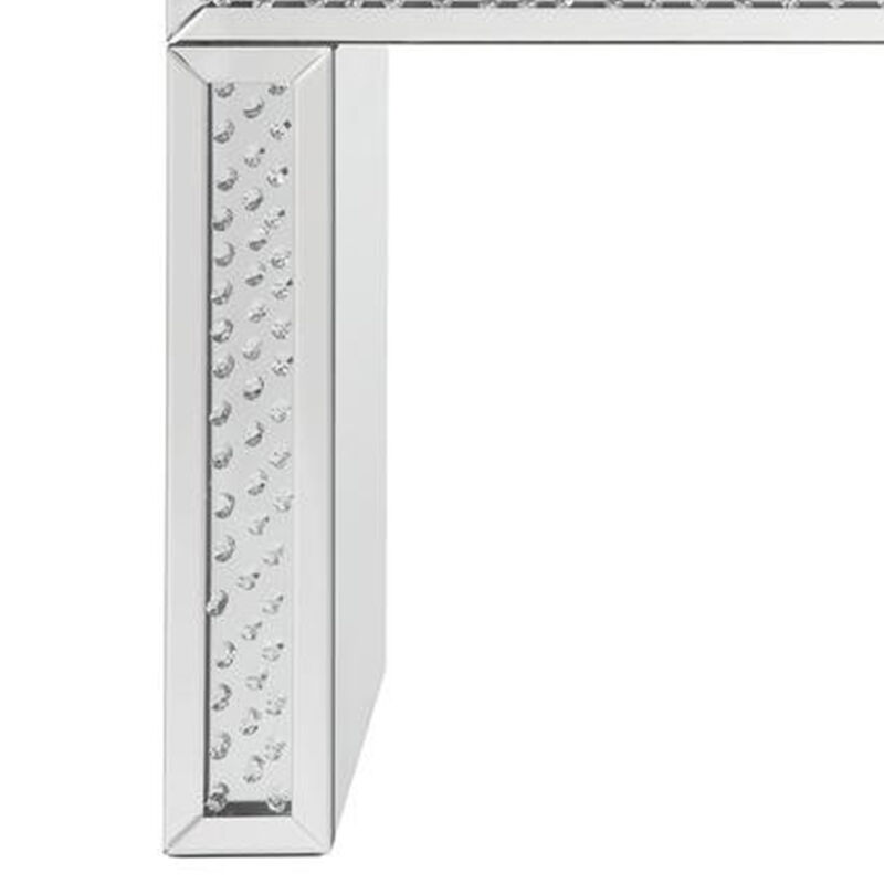Mirror Accented Wood And Glass Vanity Desk With Faux Crystal Inlay, Silver-Benzara