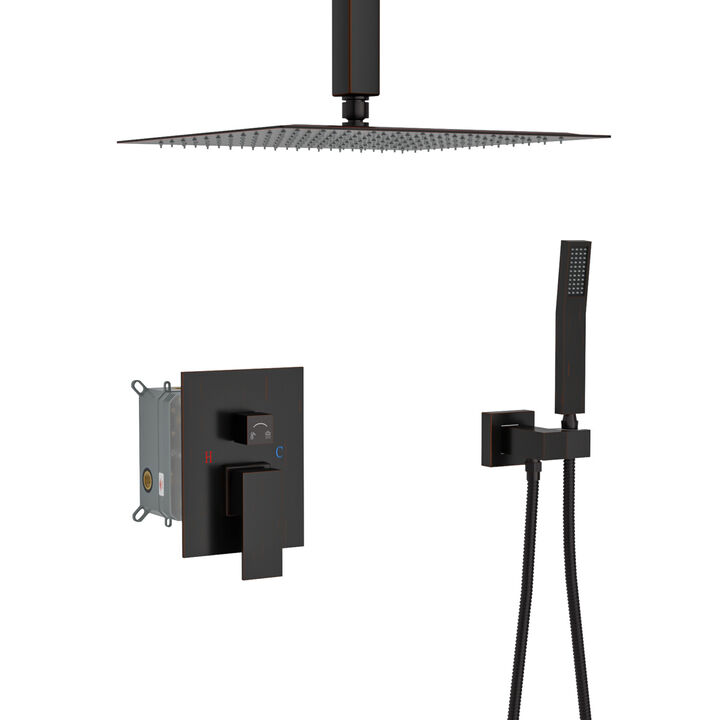 Ceiling Shower Set - 12 Inch Square Shower Set, Dual Shower Heads, Oil Rubber Bronze