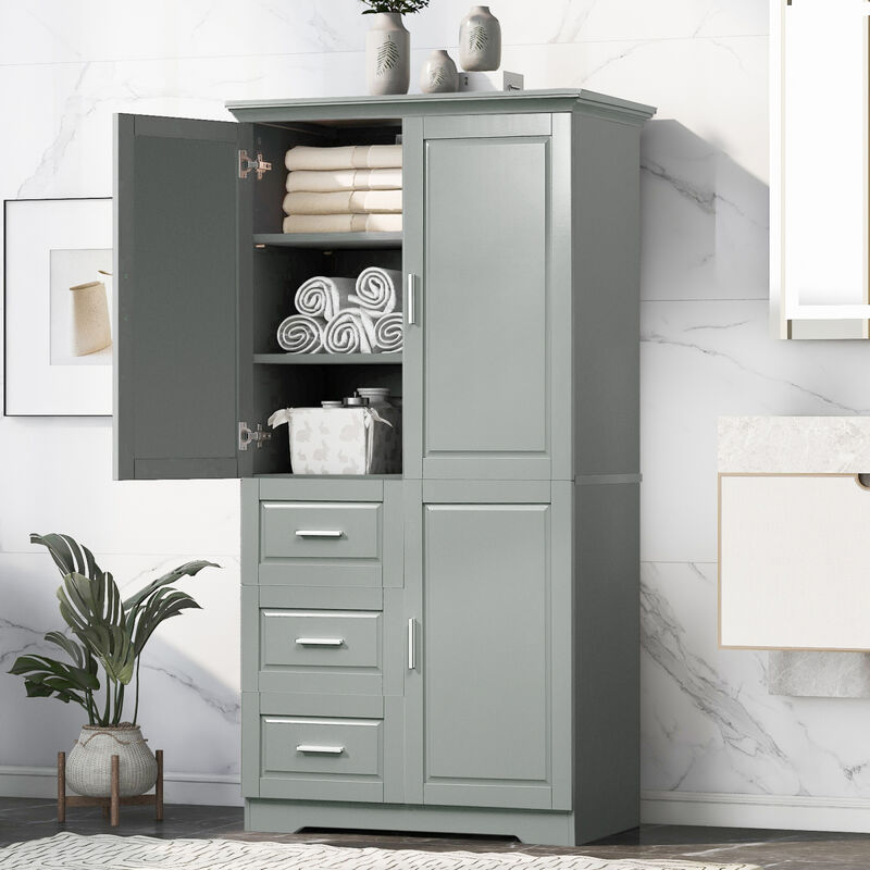 Tall And Wide Storage Cabinet With Doors For Bathroom/Office, Three Drawers