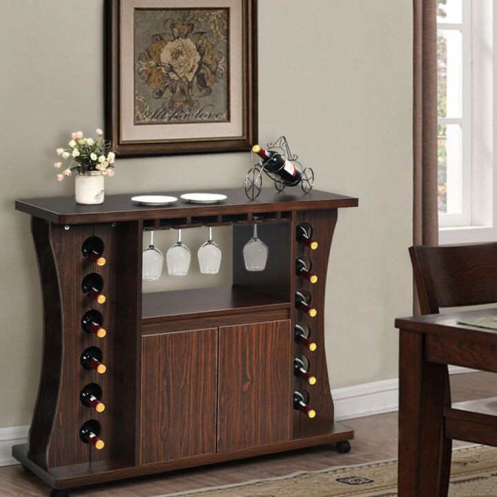 Hivvago Rolling Buffet Sideboard Wooden Bar Storage Cabinet-Walnut
