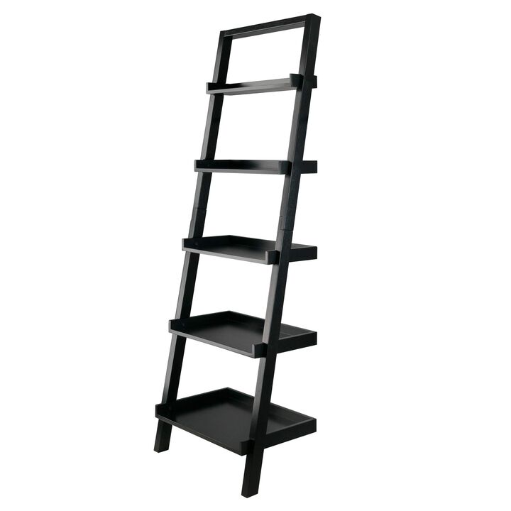 Ergode Wood Bellamy Leaning Shelf - Sleek & Stylish Space-Saving Solution with 5 Tiers of Open Shelves - Black Finish - Easy Assembly & Wall Attachment