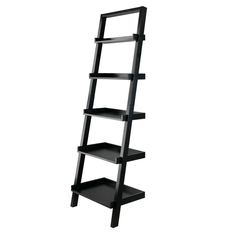 Ergode Wood Bellamy Leaning Shelf - Sleek & Stylish Space-Saving Solution with 5 Tiers of Open Shelves - Black Finish - Easy Assembly & Wall Attachment