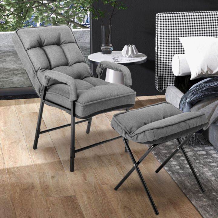Hivvago Linen Fabric Modern Accent Chair with Ottoman and Adjustable Backrest-Gray